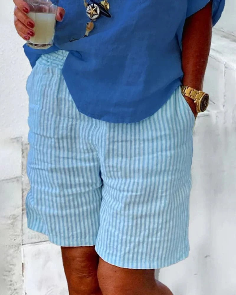 Women's shorts – Relaxed fit – Breathable natural fibers – Striped elastic waistband