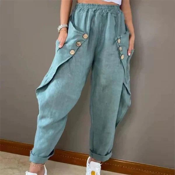 Pantalon long femme – Coupe décontractée – Taille élastique – Lin – Ourlet retroussé