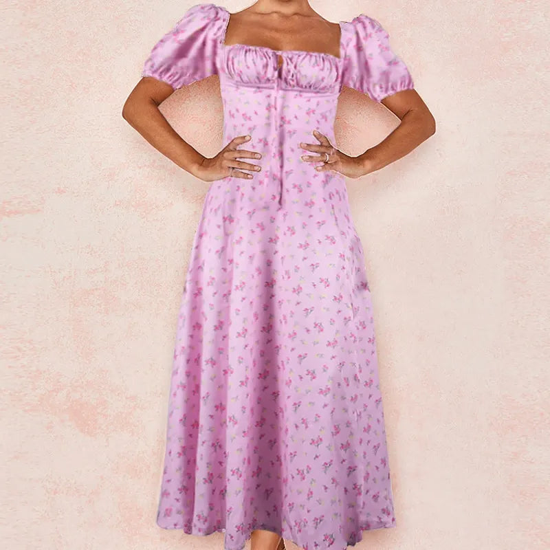 Robe midi femme – Coupe ajustée – Manches bouffantes – Encolure carrée – Fente élégante