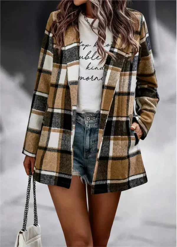 Manteau cardigan femme – Coupe oversize – Tissu effet laine – Motif à carreaux – Manches longues – Ouverture sans fermeture