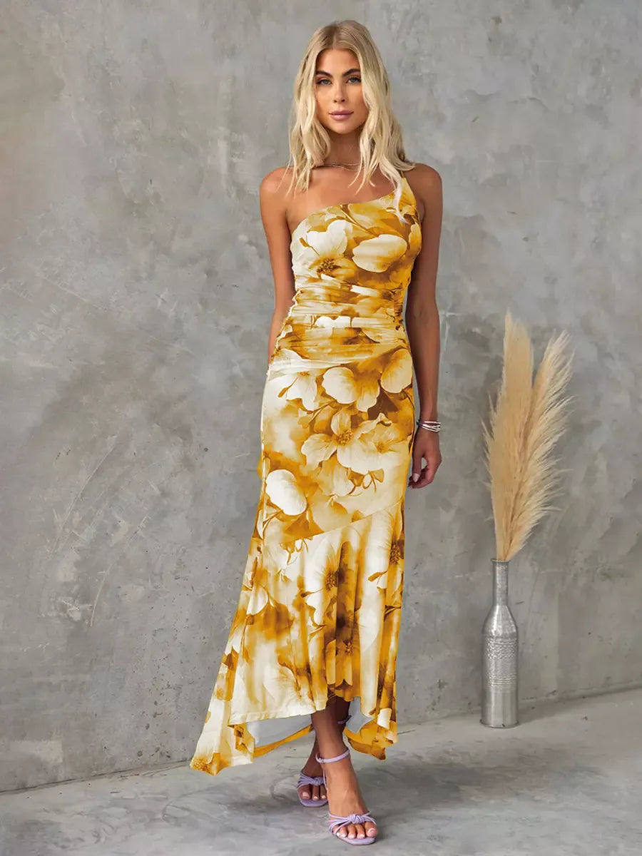 Women's long dress – Bare shoulder – Floral print – Ruched waist – Flowing fabric