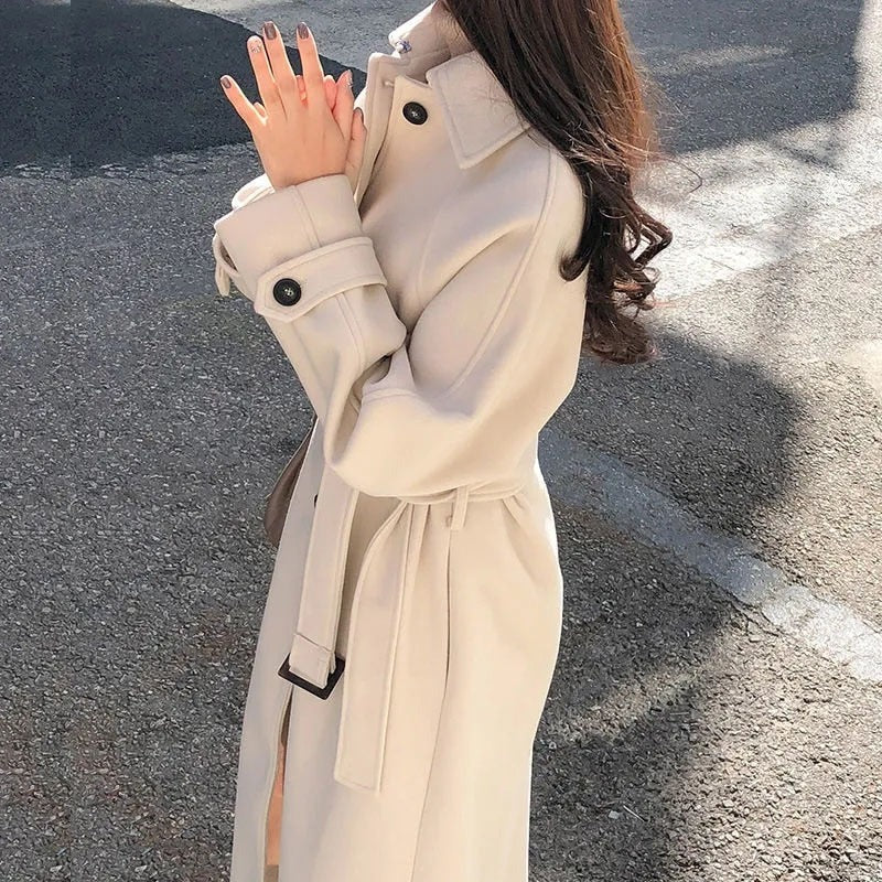 Women's Long Coat - Wool Blend - Relaxed Fit - Notched Lapel Collar