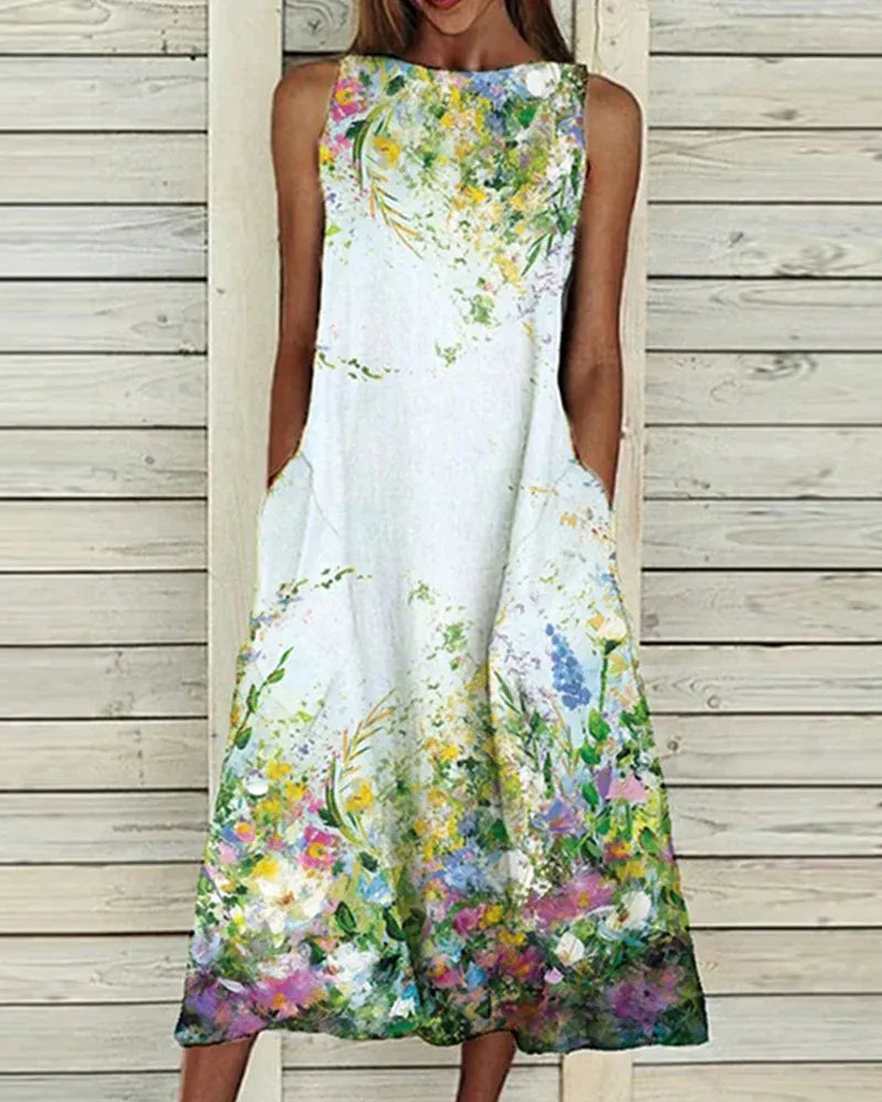 Women's midi dress – Sleeveless flared – Relaxed fit – Breathable fabric – Floral detail