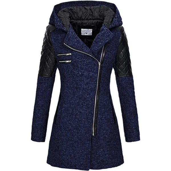 Women's Jacket - Wool Blend - Fitted Cut - Mid-Thigh Length - Stand-Up Collar Integrated Hood