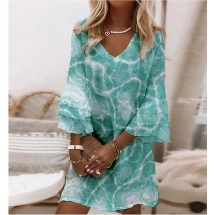 Women's short dress – Loose fit – Breathable fabric – V-neck – 3/4 sleeves