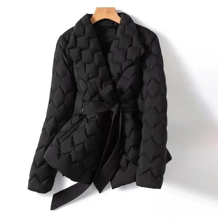 Women's Jacket - Woven Fabric - Adjustable Waist Belt - Structured Notched Lapel