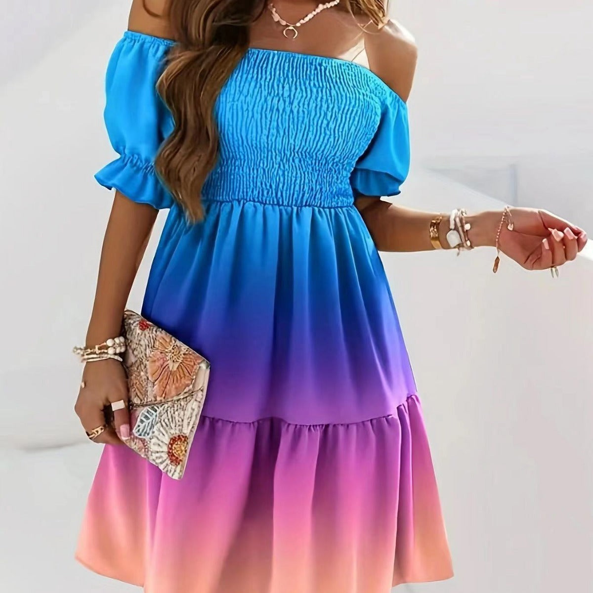 Women's midi dress – Off-the-shoulder neckline – Flared cut – Printed hem
