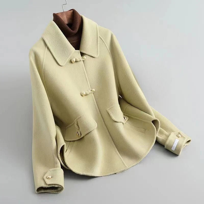 Women's Coat - Wool Blend - Pointed Collar - Long Raglan Sleeves - Hip Length
