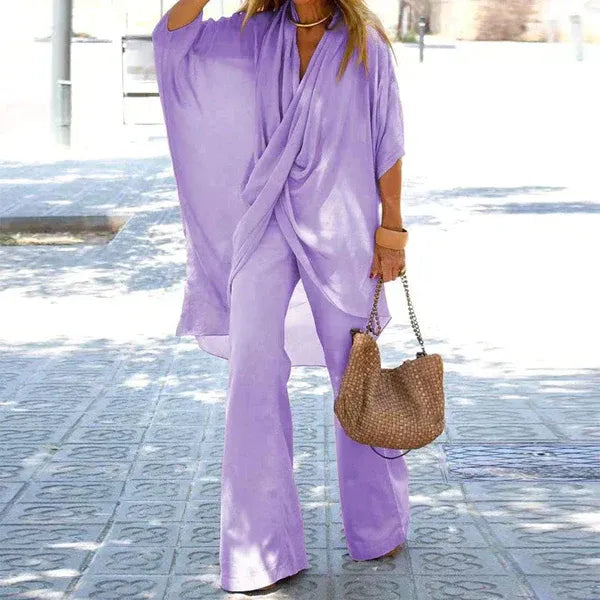 Ensemble Femme – Haut Drapé Asymétrique – Pantalon Large – Coupe Ample – Touche Coton
