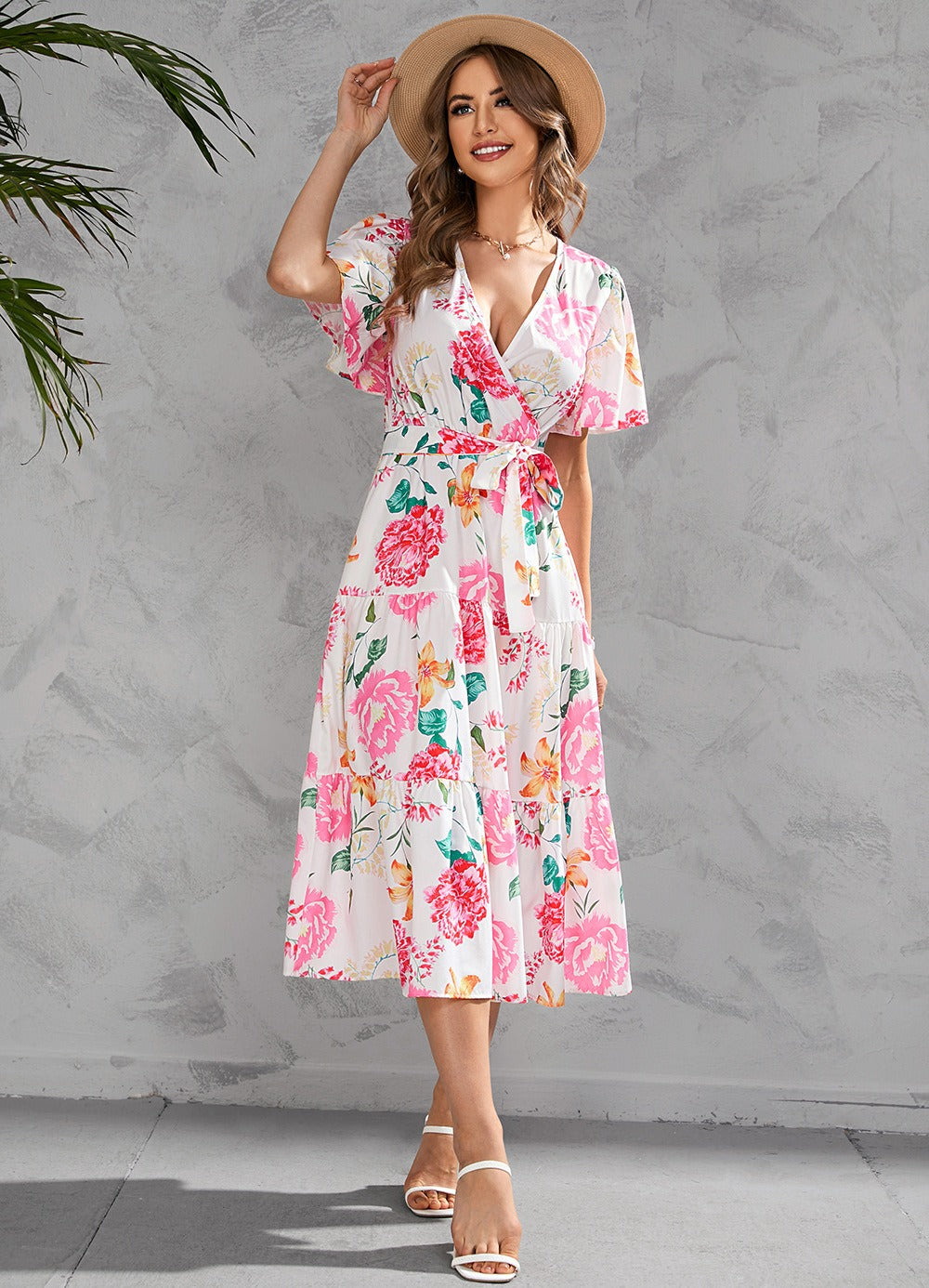 Midi dress for women – Wrap neckline – Short sleeves – Belted waist – Ruffled skirt