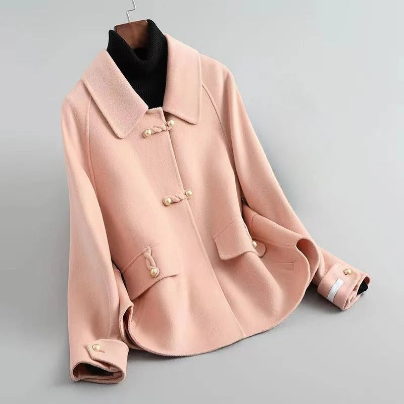 Women's Coat - Wool Blend - Pointed Collar - Long Raglan Sleeves - Hip Length