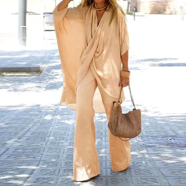 Ensemble Femme – Haut Drapé Asymétrique – Pantalon Large – Coupe Ample – Touche Coton