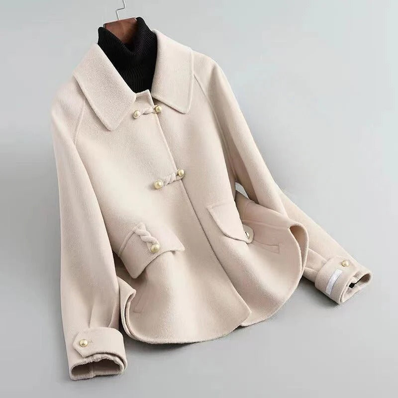 Women's Coat - Wool Blend - Pointed Collar - Long Raglan Sleeves - Hip Length