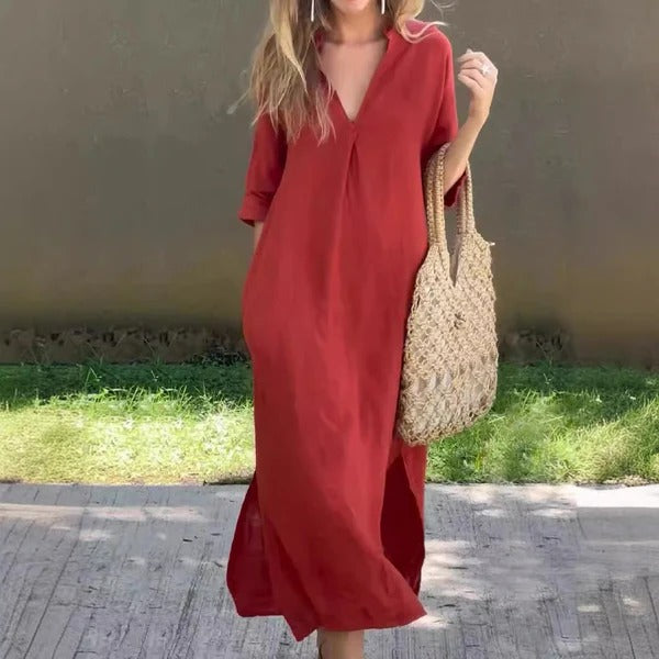 Women's long dress – Loose fit – Lightweight cotton – V-neck – Mid-length sleeves