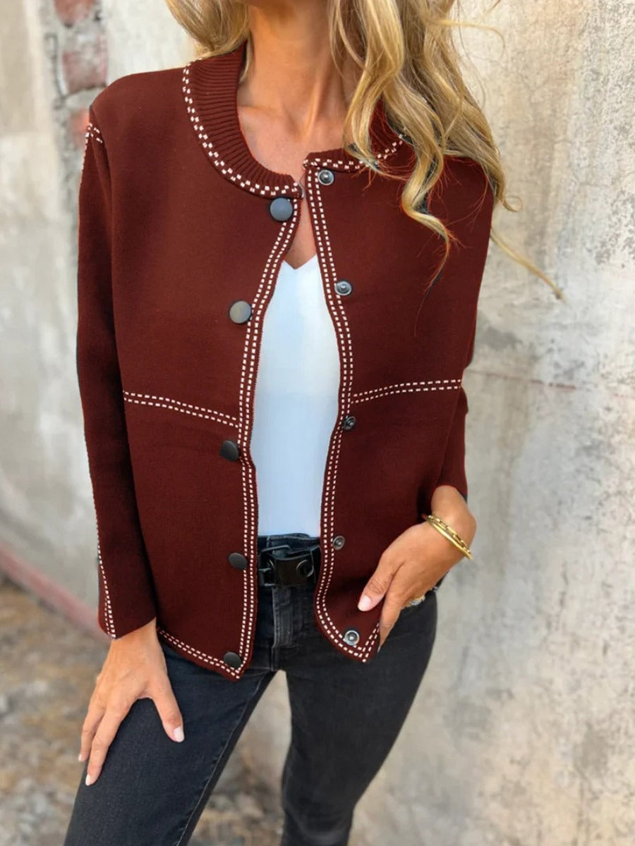 Women's Jacket - Midweight Knit - Structured Cut - Waist Length - Round Neck - Decorative Buttons