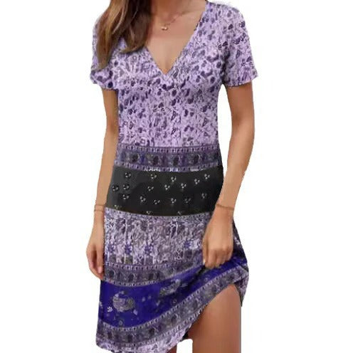 Women's dress – Loose fit – V neck – Short sleeves – Skirt with ruffles – Printed – Cotton