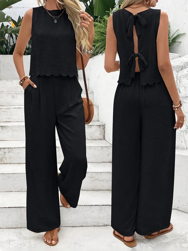 Women's two-piece set – Textured fabric – Cropped tie-back top – Wide-leg pants