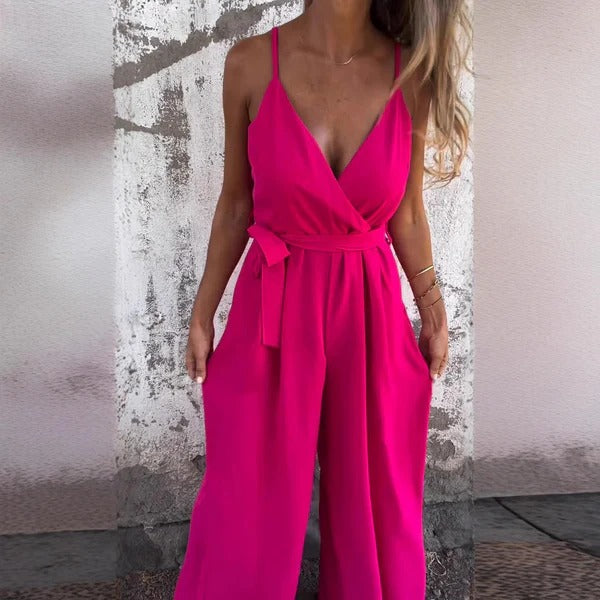 Women's Jumpsuit – Loose Fit – Fluid Fabric – Wide Legs – Sleeveless – Wrap Belt