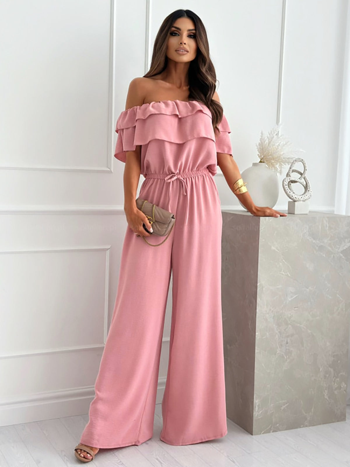 Women's jumpsuit – One shoulder – Tied waist – Wide leg – Lightweight cotton