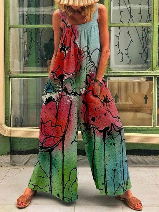 Women's overalls – Artistic print – Loose fit – Breathable fabric – Without sleeves