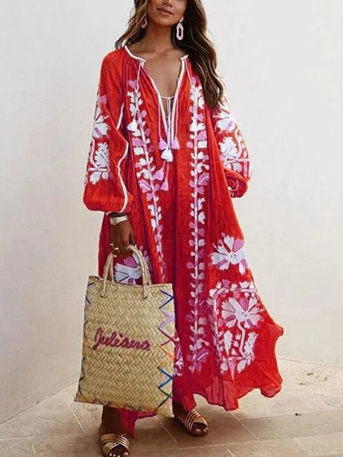 Robe caftan femme – Coupe ample fluide – Coton léger – Broderie florale élégante