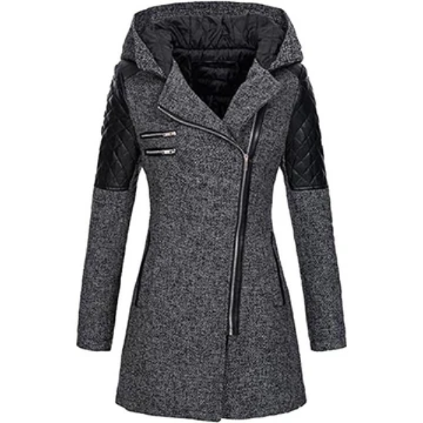 Women's Jacket - Wool Blend - Fitted Cut - Mid-Thigh Length - Stand-Up Collar Integrated Hood