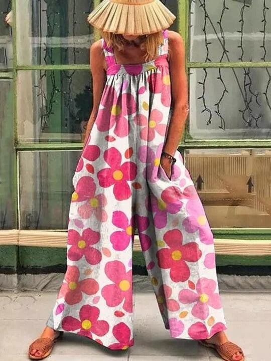 Women's overalls – Artistic print – Loose fit – Breathable fabric – Without sleeves