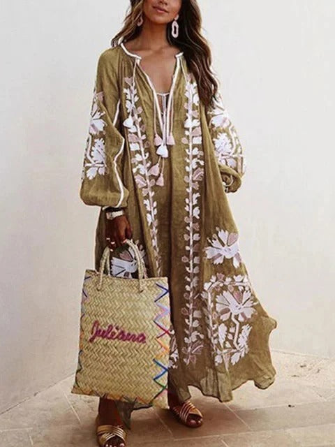 Robe caftan femme – Coupe ample fluide – Coton léger – Broderie florale élégante