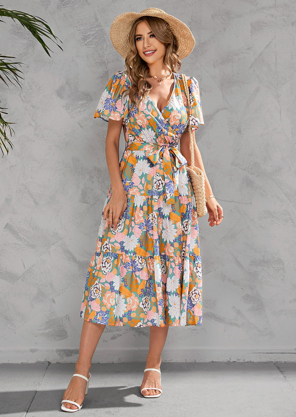 Midi dress for women – Wrap neckline – Short sleeves – Belted waist – Ruffled skirt