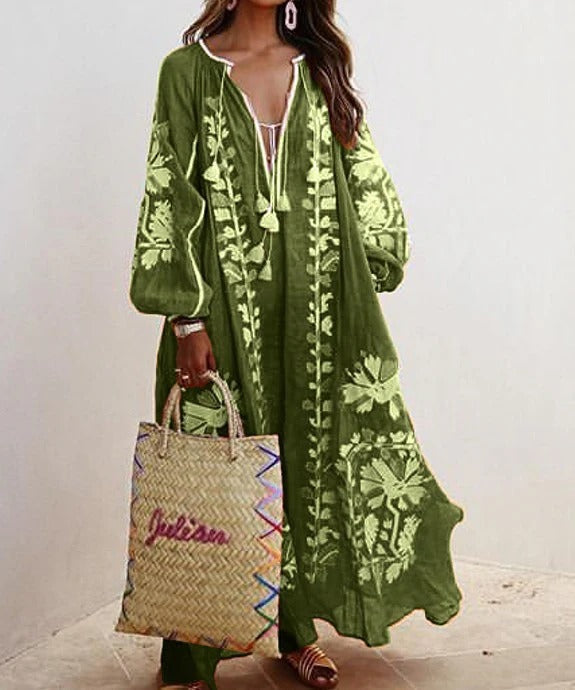 Robe caftan femme – Coupe ample fluide – Coton léger – Broderie florale élégante