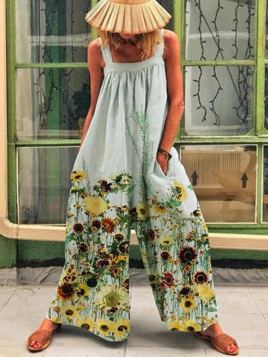 Women's overalls – Artistic print – Loose fit – Breathable fabric – Without sleeves