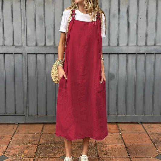 Women's midi dress – Breathable linen – Straight cut – Adjustable straps – Front pockets