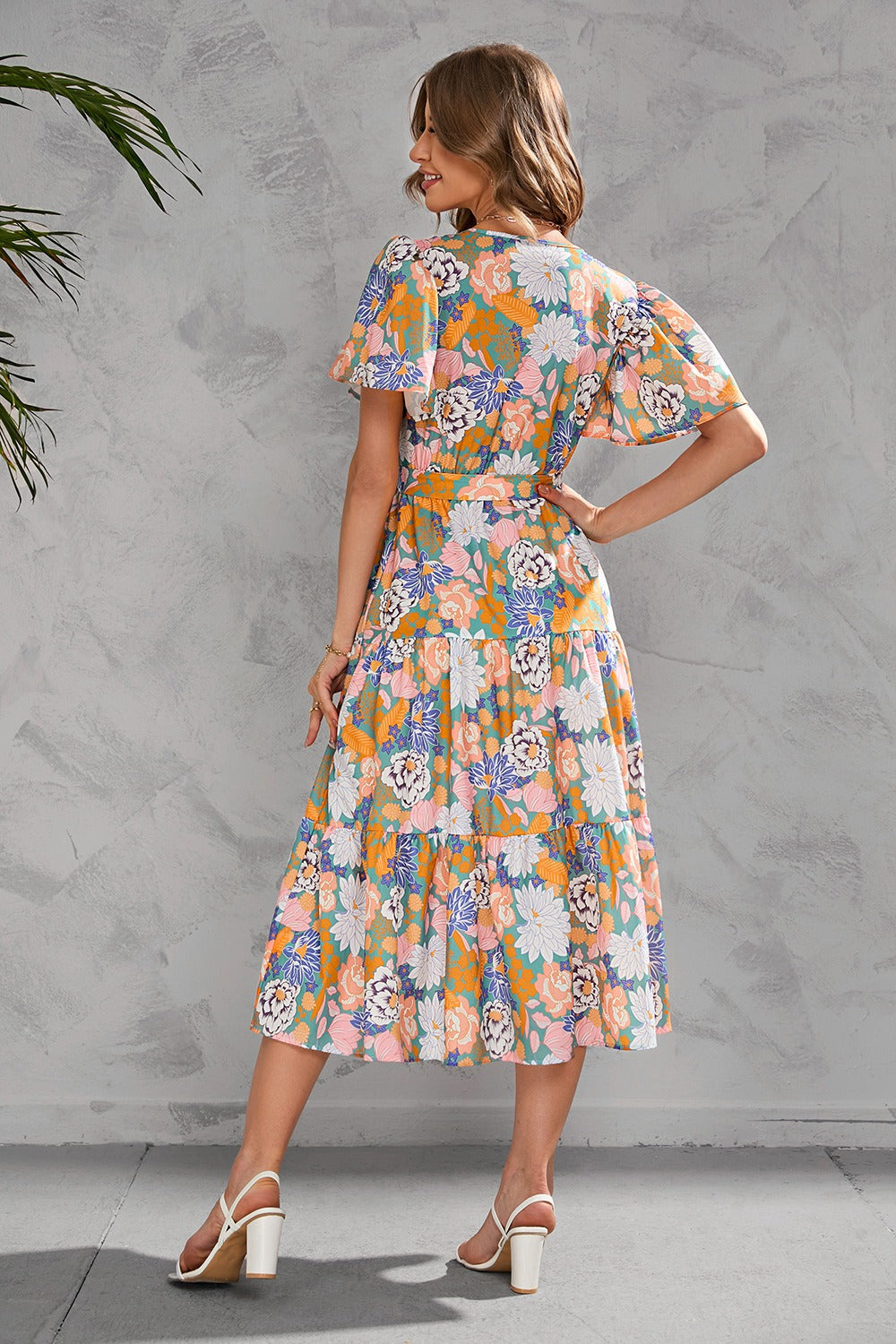 Midi dress for women – Wrap neckline – Short sleeves – Belted waist – Ruffled skirt