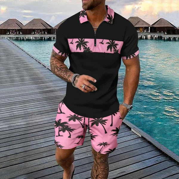 Men's Set – Relaxed Zip Polo – Drawstring Shorts – Breathable Tropical Print