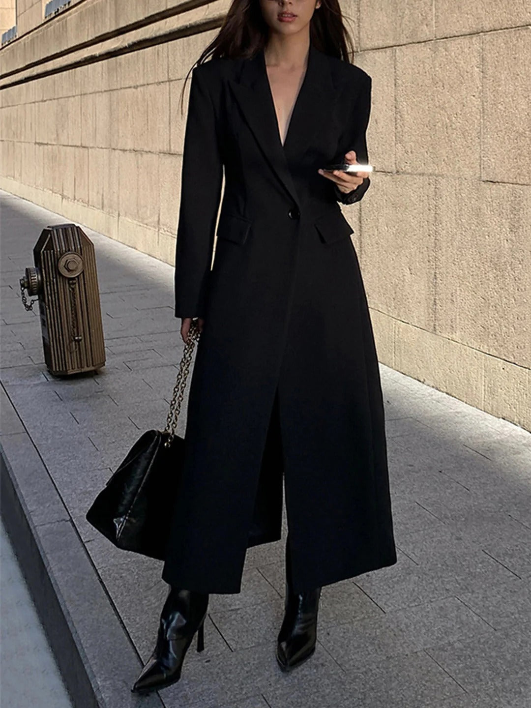 Women's Coat - Woven Fabric - Structured Shoulders - Maxi Length - Asymmetric Closure