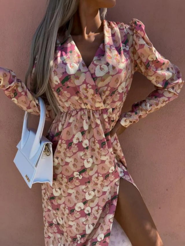 Women's long dress – Fitted cut – Stand-up collar – Long sleeves – Floral print