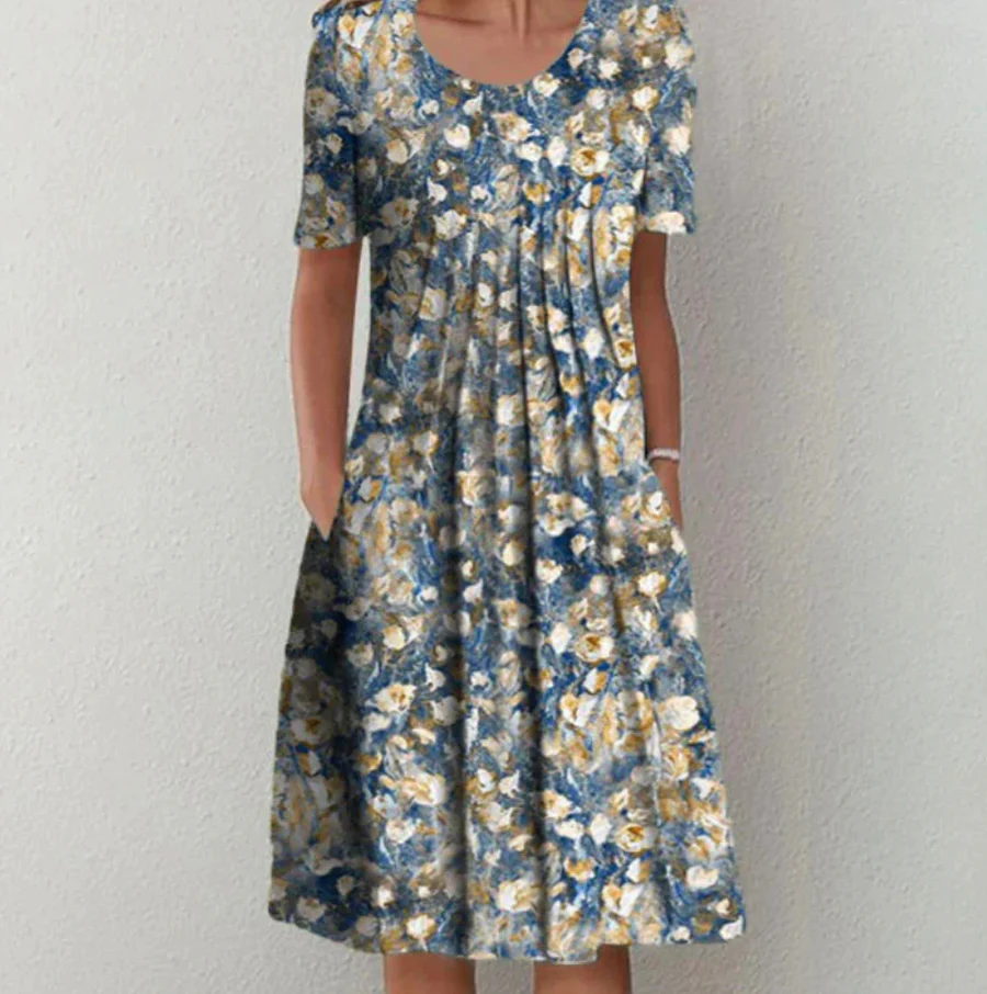 Robe midi femme – Coupe évasée – Tissu respirant – Manches courtes – Imprimé floral
