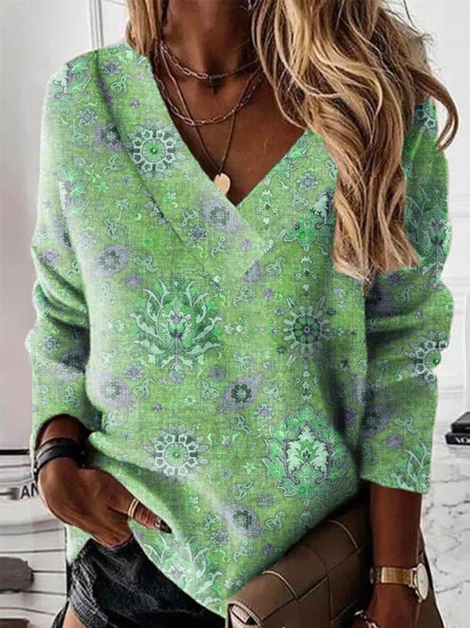 Women's sweatshirt – Soft cotton – Relaxed fit – V-neck – Ornamental print