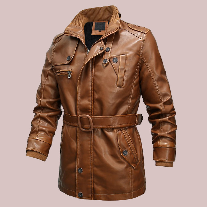 Veste homme style manteau – Coupe régulière – Effet cuir – Col double – Ceinture ajustable