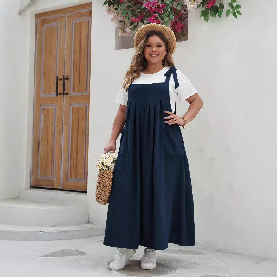 Women's long dress – Loose fit – Cotton – Sleeveless – Adjustable straps – Pockets