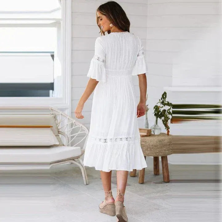 Robe midi femme – Coton – Coupe fluide – Décolleté en V – Manches courtes – Détails crochet