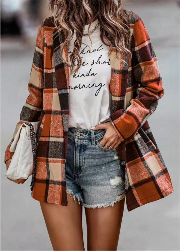 Manteau cardigan femme – Coupe oversize – Tissu effet laine – Motif à carreaux – Manches longues – Ouverture sans fermeture