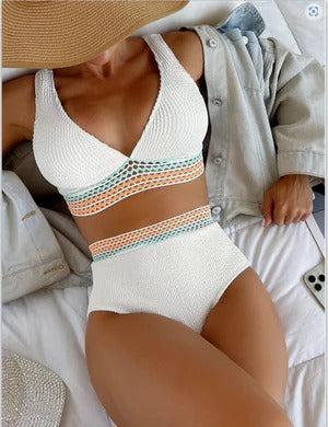 Women's bikini – High waist – Ribbed texture – Mesh detail – Full coverage