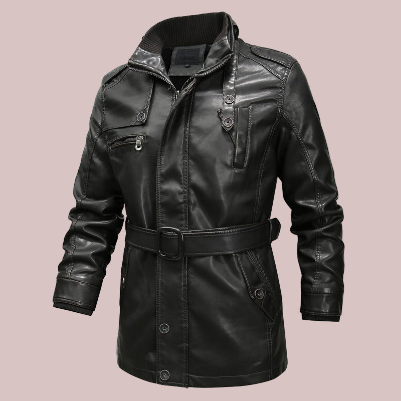 Veste homme style manteau – Coupe régulière – Effet cuir – Col double – Ceinture ajustable