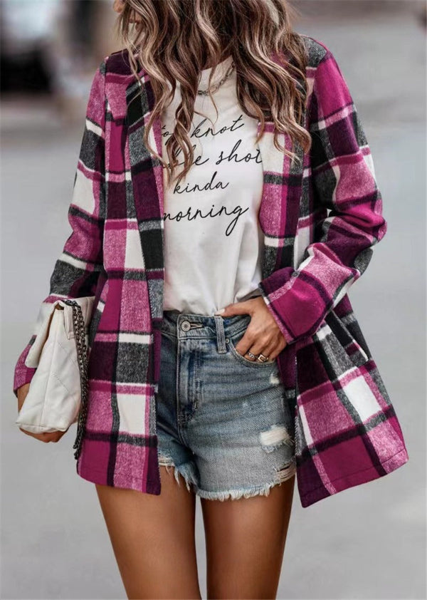 Manteau cardigan femme – Coupe oversize – Tissu effet laine – Motif à carreaux – Manches longues – Ouverture sans fermeture