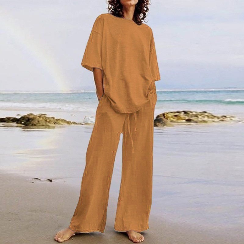 Ensemble Deux Pièces Femme – Haut Ample Col Rond – Pantalon Large avec Poches