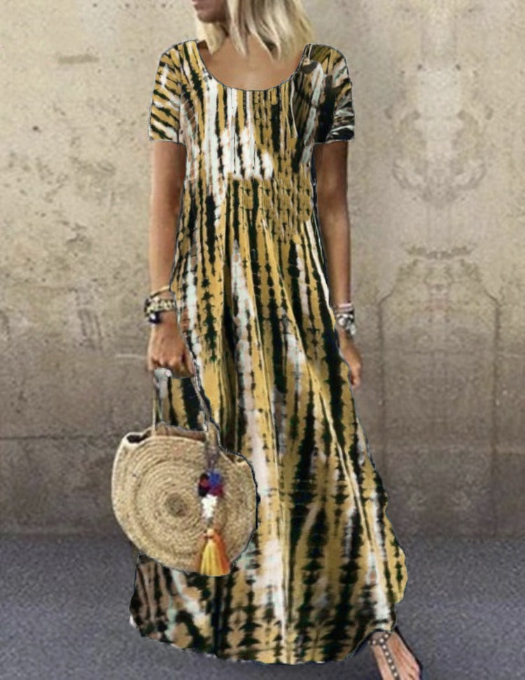 Women's long dress – Loose fit – Tie-dye print – Short sleeves
