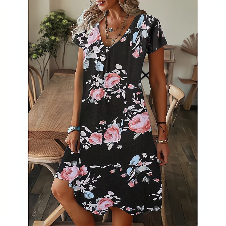 Women's dress – Loose flared cut – V-neck – Short sleeves – Feather print – Cotton