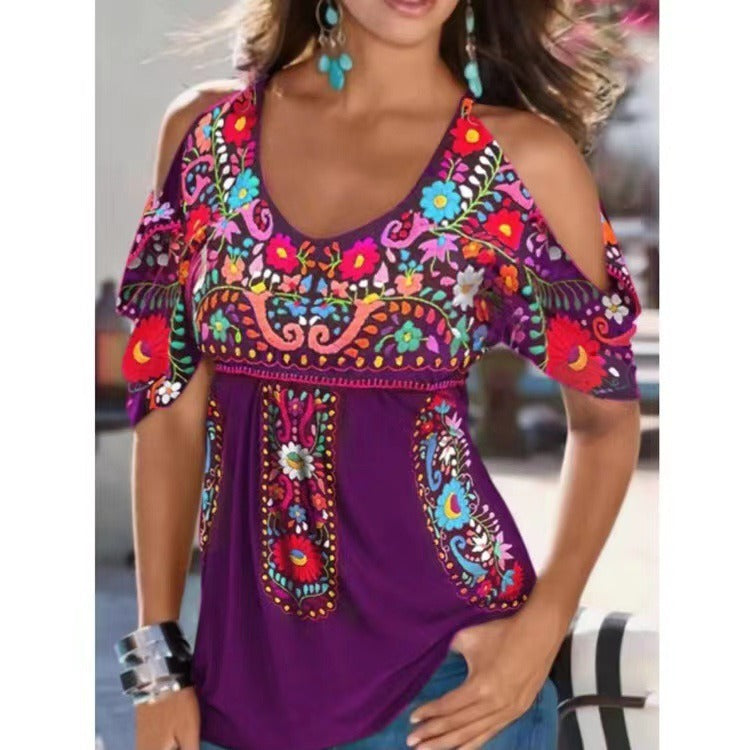 Top Exposed Shoulders Woman – Lightweight Cotton – V-Neck – Loose Fit – Bohemian Embroidery