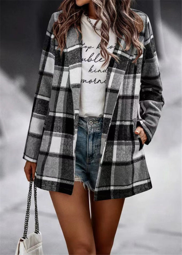 Manteau cardigan femme – Coupe oversize – Tissu effet laine – Motif à carreaux – Manches longues – Ouverture sans fermeture